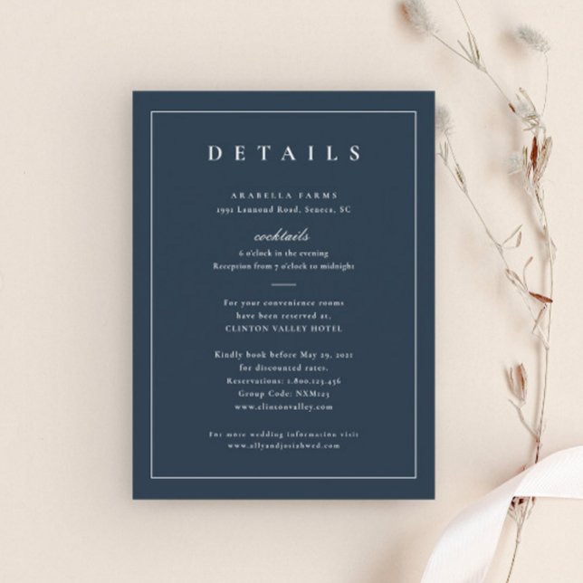 Carte D'accompagnement Classic Elegant Navy Blue Détails du Mariage (Simple Navy Blue Wedding Details Enclosure Cards.)