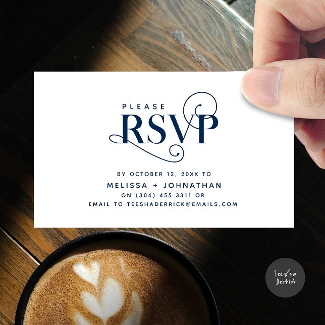 Carte D'accompagnement Classic élégant, Script noir, réponse RSVP (Wedding invitation RSVP via Phone or email respond reminder Enclosure Card in aesthetic Navy Blue)