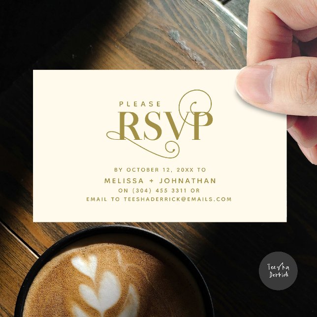 Carte D'accompagnement Classic élégant, Script noir, réponse RSVP (Wedding invitation RSVP via Phone or email respond reminder Enclosure Card in aesthetic yellow gold)