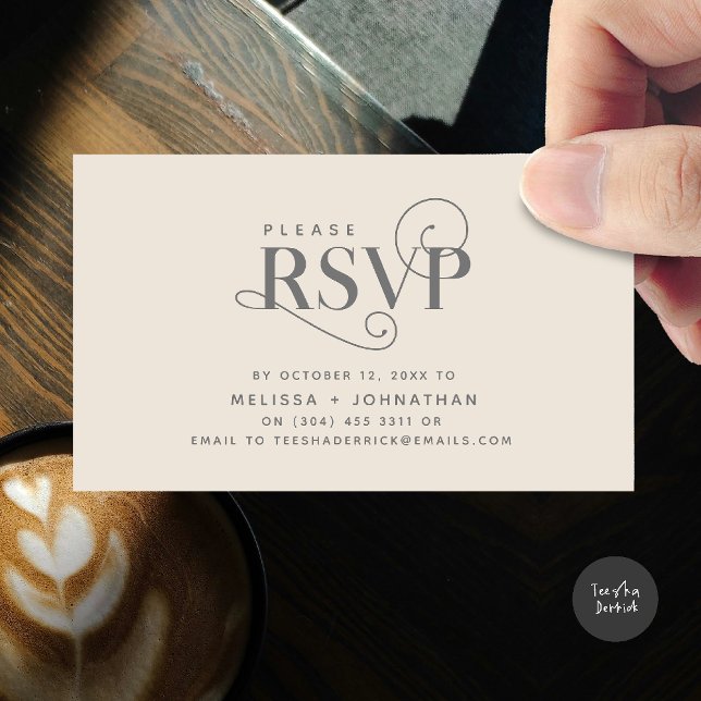 Carte D'accompagnement Classic élégant, Script noir, réponse RSVP (Wedding invitation RSVP via Phone or email respond reminder Enclosure Card in aesthetic Cream Grey)