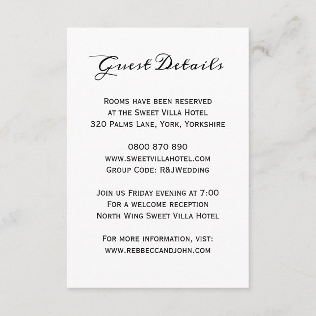 Carte D'accompagnement Classic Elegant Wedding Guest Hotel Details Card (Devant)