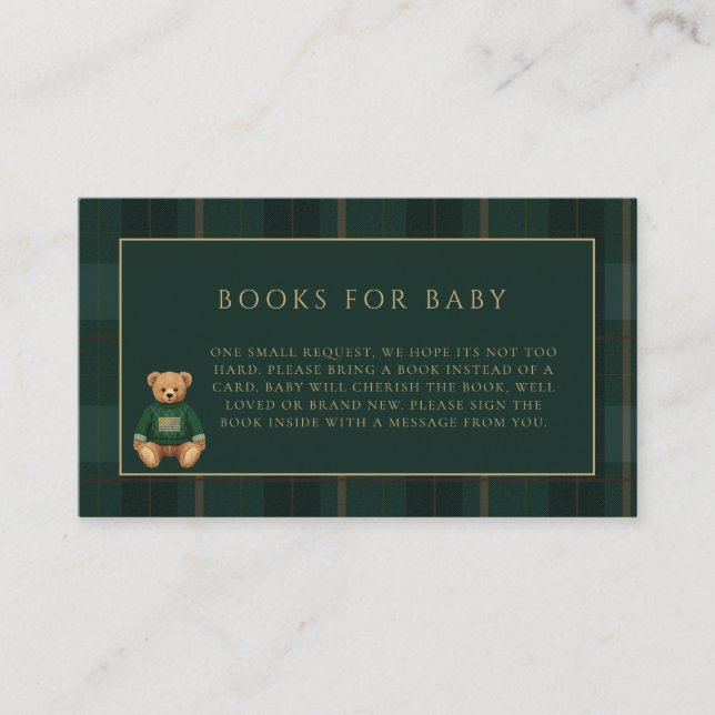 Carte D'accompagnement Classic Green Plaid Teddy Bear Theme Baby Shower  (Devant)