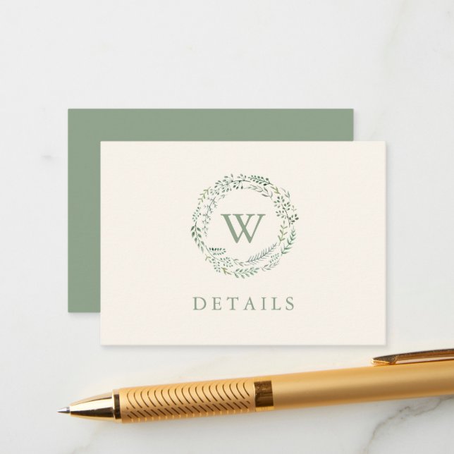 Carte D'accompagnement Classic Green Wreath Watercolor Détails du Mariage (Devant/Arrière en situation)