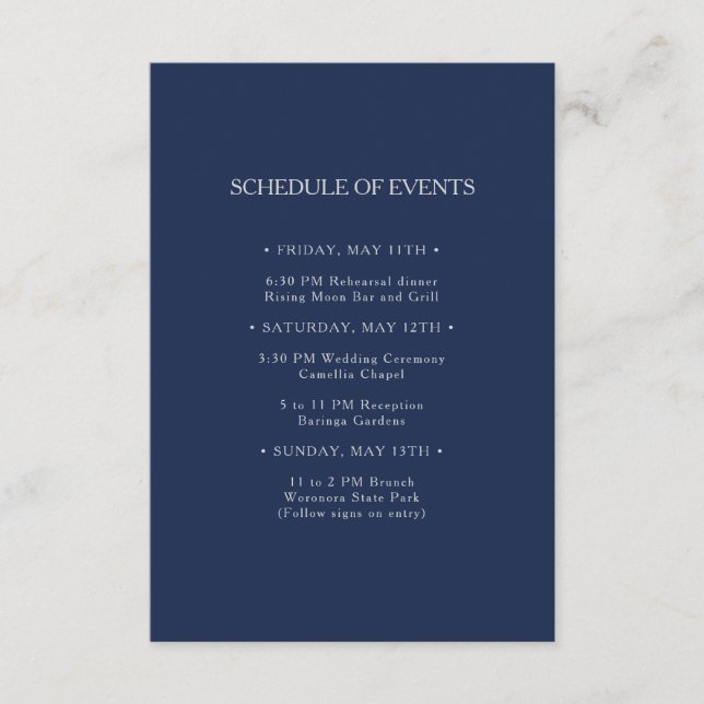 Carte D'accompagnement Classic Navy | Silver Wedding Schedule of Events (Devant)