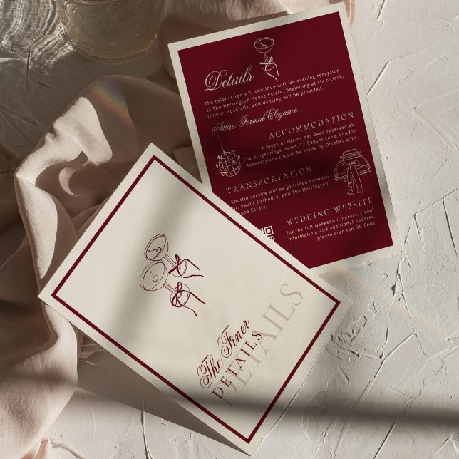 Carte D'accompagnement Classic QR Code Wedding Details Deep Red Old Money (Créateur téléchargé)