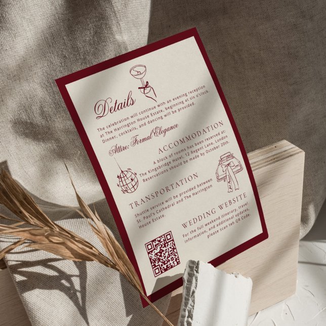 Carte D'accompagnement Classic QR Code Wedding Details Deep Red Old Money (Créateur téléchargé)