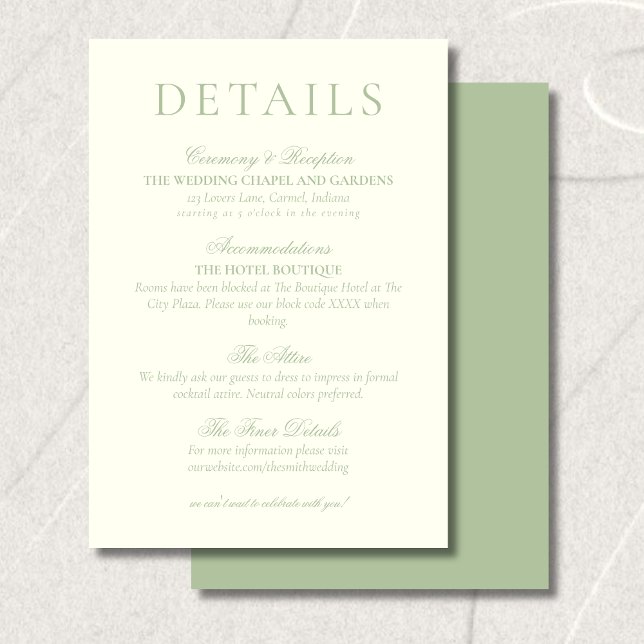 Carte D'accompagnement Classic Sage Green Minimalist Wedding Details (Classic Sage Green Minimalist Wedding Details Enclosure Card)