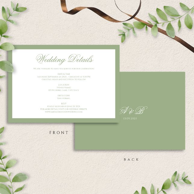Carte D'accompagnement Classic Sage Green Monogram Script Wedding Details (Créateur téléchargé)