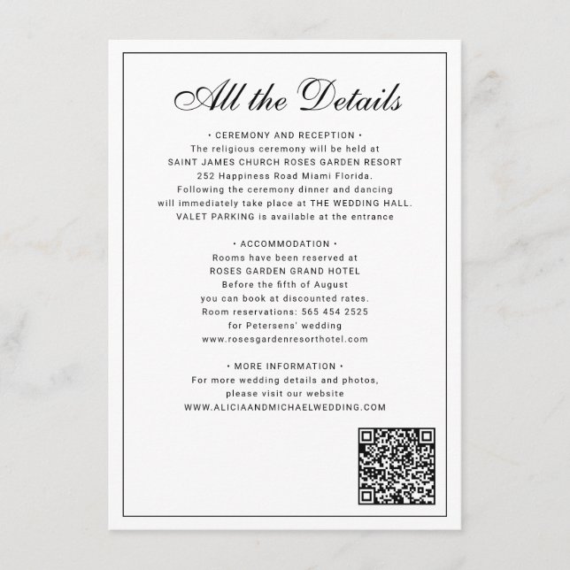 Carte D'accompagnement Classic traditional balck white wedding details (Devant)