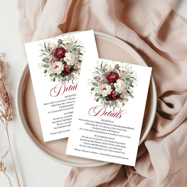 Carte D'accompagnement Classique détails de mariage en floral marron et e (Classic Maroon Floral Eucalyptus Gold Wedding Details Card)