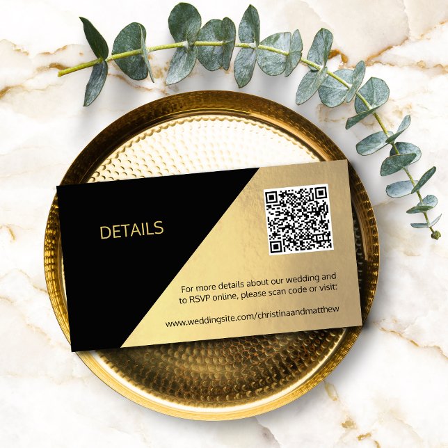 Carte D'accompagnement Classy Modern Black & Gold DÉTAILS Code QR Mariage (Créateur téléchargé)