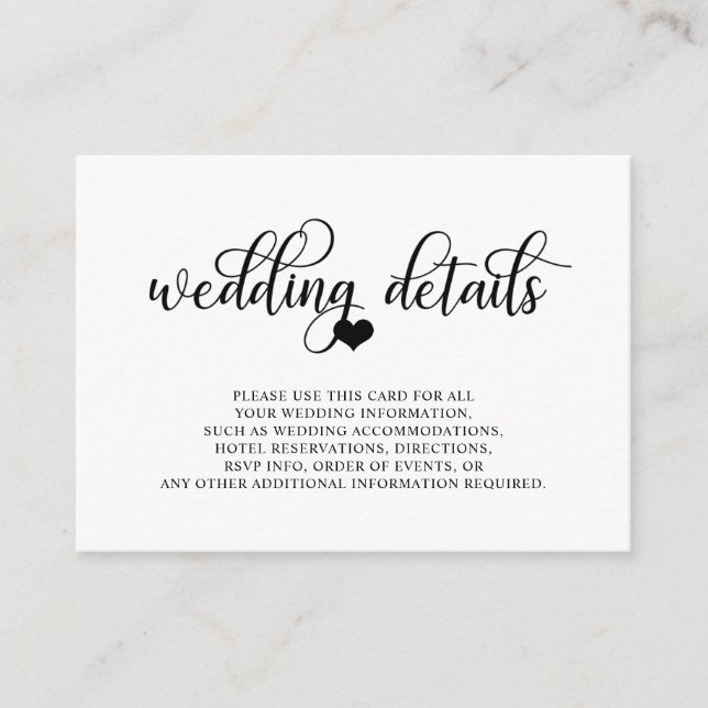 Carte D'accompagnement Classy Modern Black White Heart Détails du Mariage (Devant)