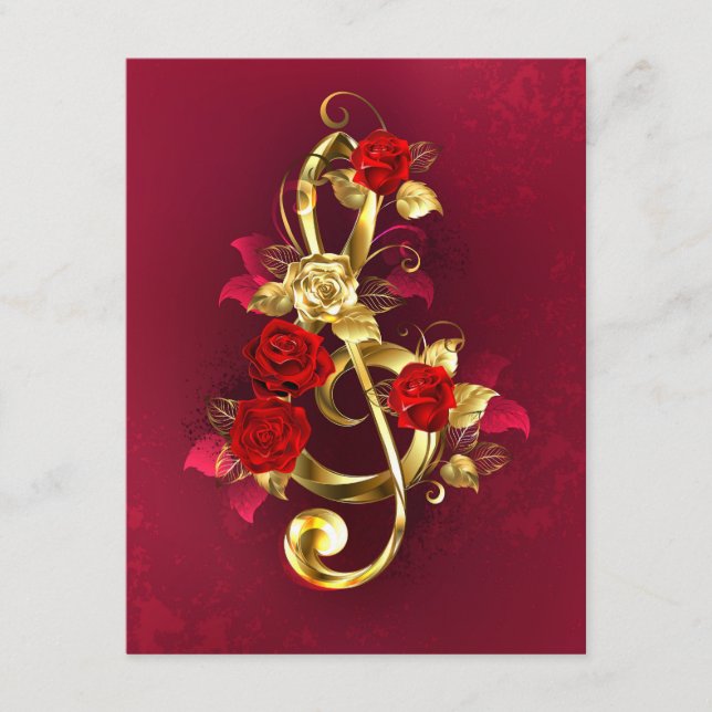 Carte D'accompagnement Clé de sol dorée avec fleurs de rose (Devant)