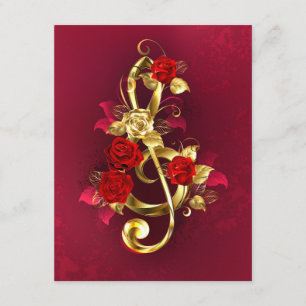 Carte D'accompagnement Clé de sol dorée avec fleurs de rose