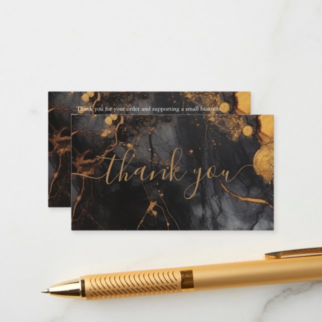 Carte D'accompagnement Client en marbre noir et or merci (Devant/Arrière en situation)