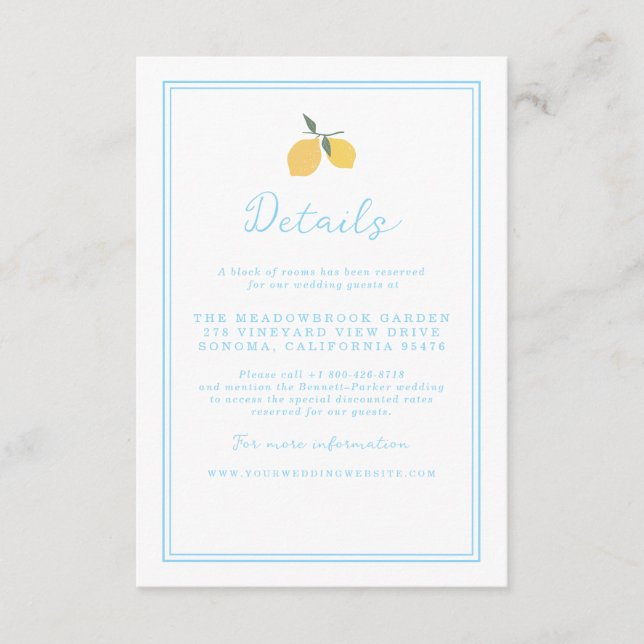 Carte D'accompagnement Coastal Blue Lemon Amalfi Wedding Details Card (Devant)