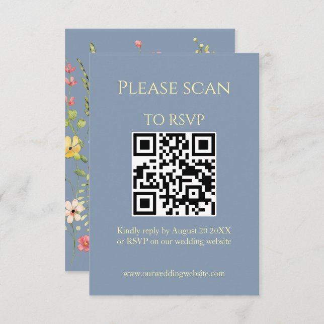 Carte D'accompagnement Code QR bleu Fleur sauvage simple et Mariage RSVP (Devant / Derrière)