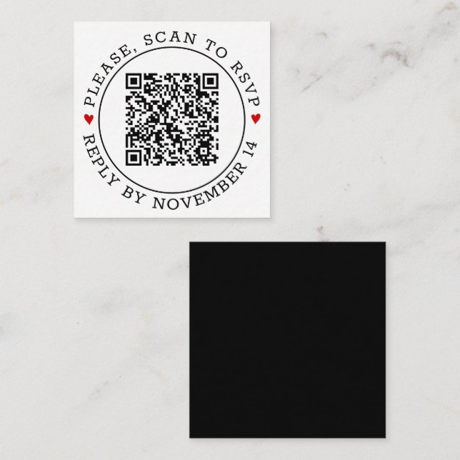 Carte D'accompagnement Code QR Bordure RSVP et coeur noir blanc mariage (Devant / Derrière)