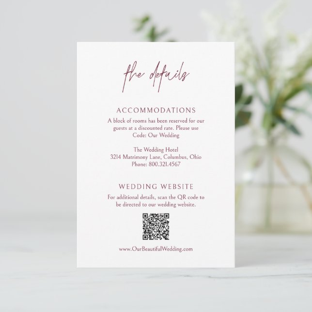 Carte D'accompagnement Code QR Burgundy Classique Mariage Élégant (Debout devant)