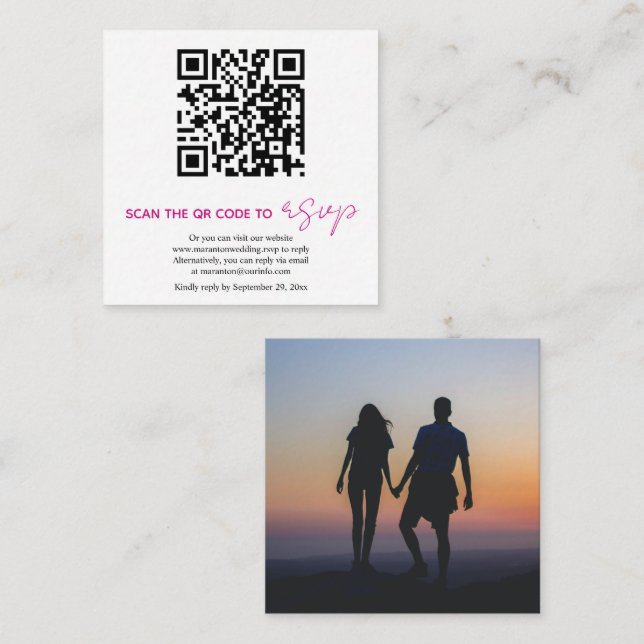 Carte D'accompagnement Code QR calligraphie magenta RSVP photo mariage (Devant / Derrière)
