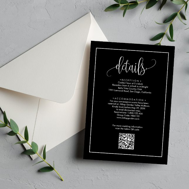 Carte D'accompagnement Code QR calligraphié noir et blanc Détails du mari (Black and white calligraphy QR code details card shares info elegantly with ease)