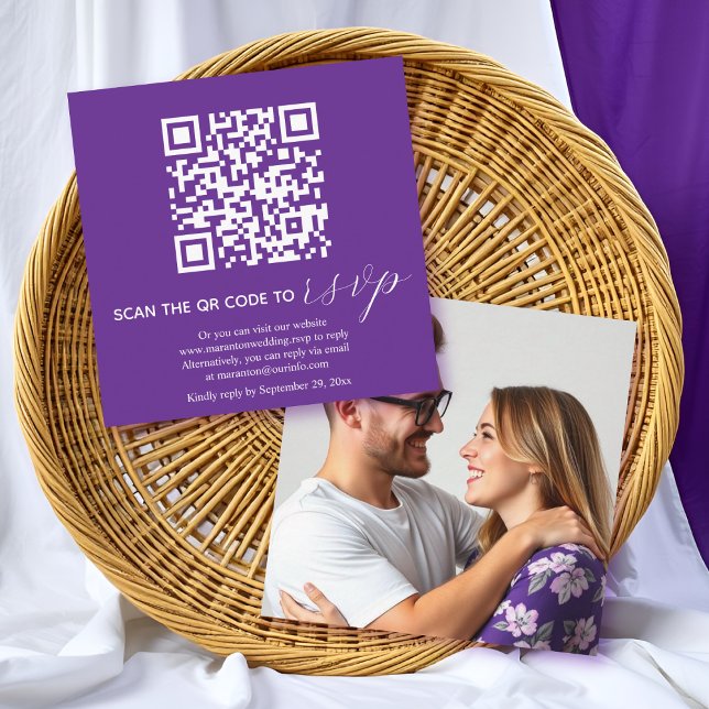 Carte D'accompagnement Code QR calligraphié violet répondre photo mariage (Créateur téléchargé)