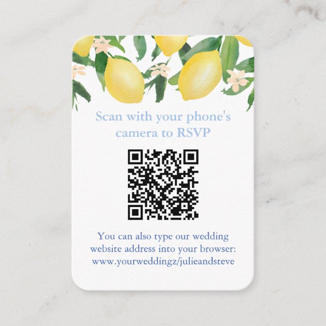Carte D'accompagnement Code QR Citrons Bleu Et Blanc Mariage Citrus RSVP (Devant)