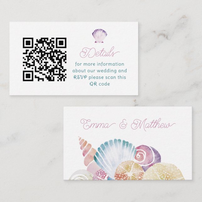Carte D'accompagnement Code QR Coquillage Aquarelle Violette Mariage  (Devant / Derrière)
