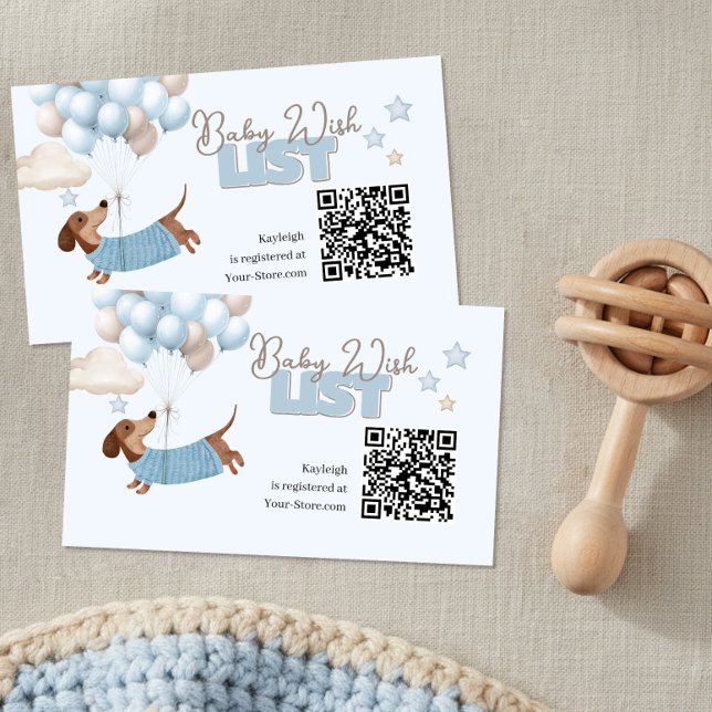 Carte D'accompagnement Code QR Dachshund Registre de naissance Site Web B (Baby Shower QR Code Registry cards. Dachshund and balloons design in blue and beige)