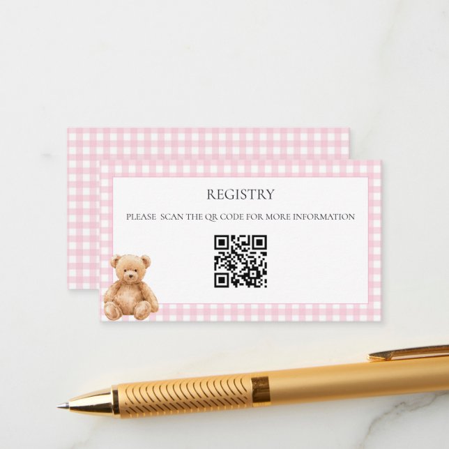 Carte D'accompagnement Code QR de Baby Shower Ourson Teddy Classique Prép (Devant/Arrière en situation)