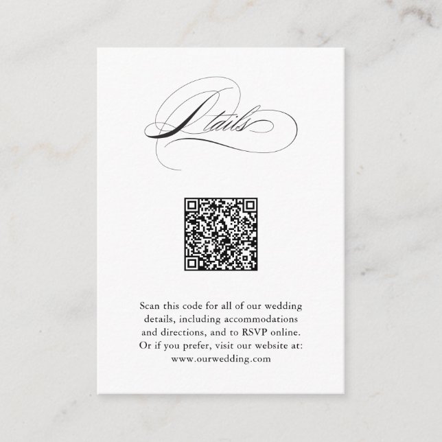 Carte D'accompagnement Code QR de détails de mariage à l'écriture élégant (Devant)
