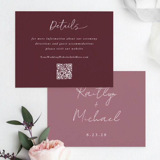 Carte D'accompagnement Code QR de détails de mariage Merlot écriture mode (Créateur téléchargé)