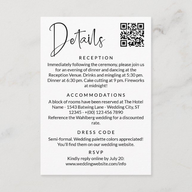 Carte D'accompagnement Code QR de détails de mariage moderne noir et blan (Devant)