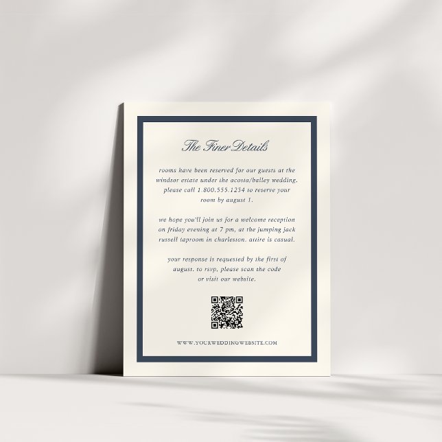 Carte D'accompagnement Code QR de détails de mariage Navy Classic Script (Créateur téléchargé)
