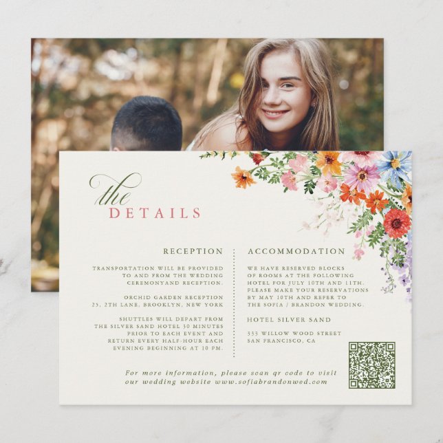 Carte D'accompagnement Code QR de jardin de prairie printanière de fleurs (Devant / Derrière)