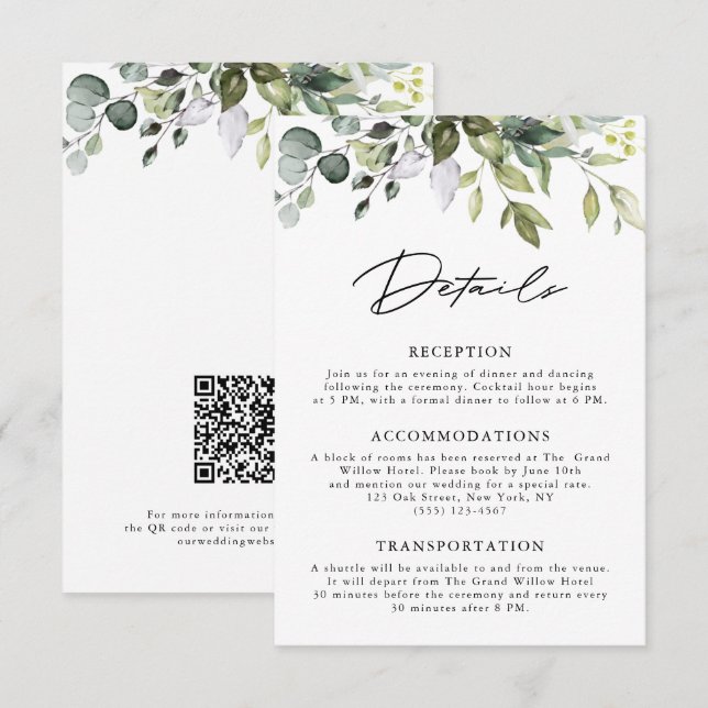 Carte D'accompagnement Code QR de mariage à la verdure d'eucalyptus simpl (Devant / Derrière)
