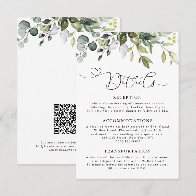Carte D'accompagnement Code QR de mariage à la verdure élégante d'eucalyp (Devant / Derrière)