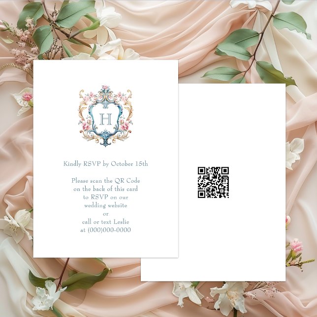 Carte D'accompagnement Code QR de mariage au blason floral monogrammé vin (Créateur téléchargé)