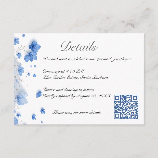 Carte D'accompagnement Code QR de mariage aux fleurs sauvages bleues Cott (Devant)