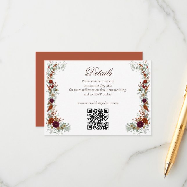 Carte D'accompagnement Code QR de mariage aux florales de Bourgogne et d' (Devant/Arrière en situation)