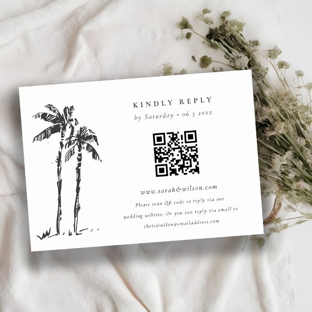 Carte D'accompagnement Code QR de mariage avec croquis de palmier côtier (Créateur téléchargé)