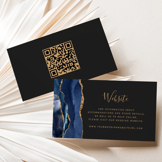 Carte D'accompagnement Code QR de mariage bleu marine doré agate sombre d (Créateur téléchargé)
