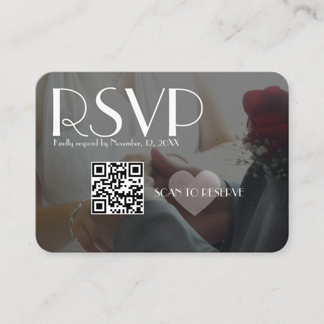 Carte D'accompagnement Code QR de mariage cœur photo noir RSVP (Devant)