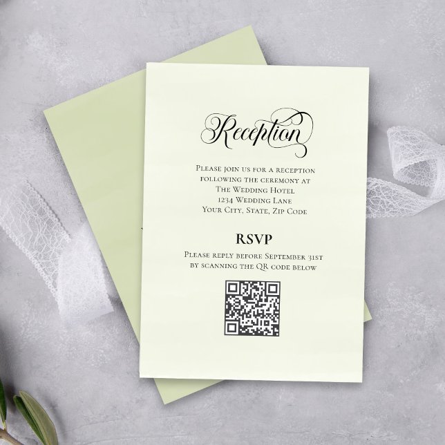 Carte D'accompagnement Code QR de mariage élégant avec écriture verdoyant (Elegant reception details with QR code for easy guest info access.)