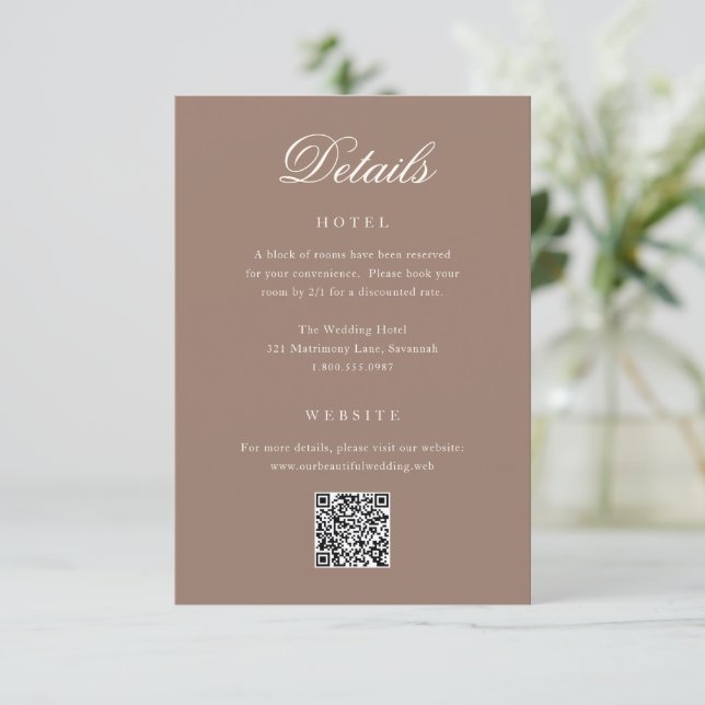 Carte D'accompagnement Code QR de mariage élégant marron romantique (Debout devant)