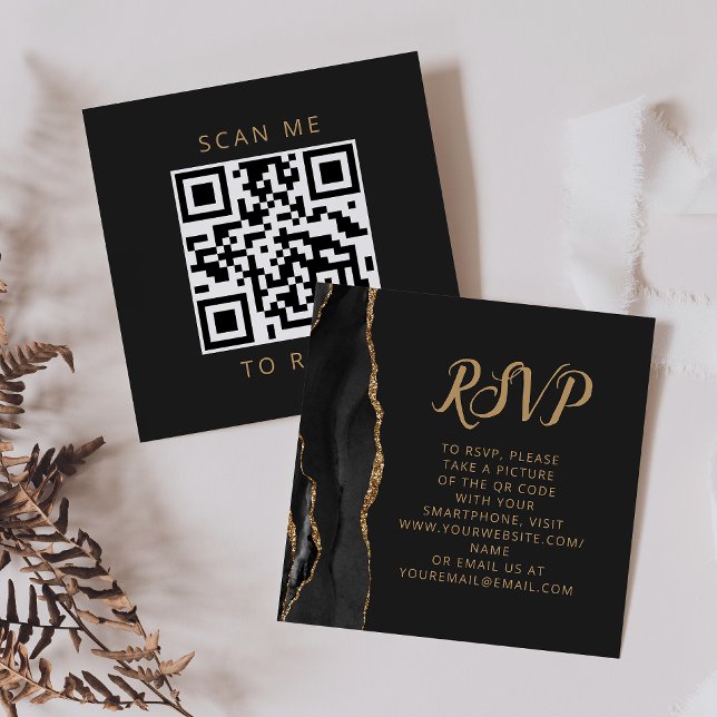 Carte D'accompagnement Code QR de mariage en agate noir Budget RSVP (Créateur téléchargé)