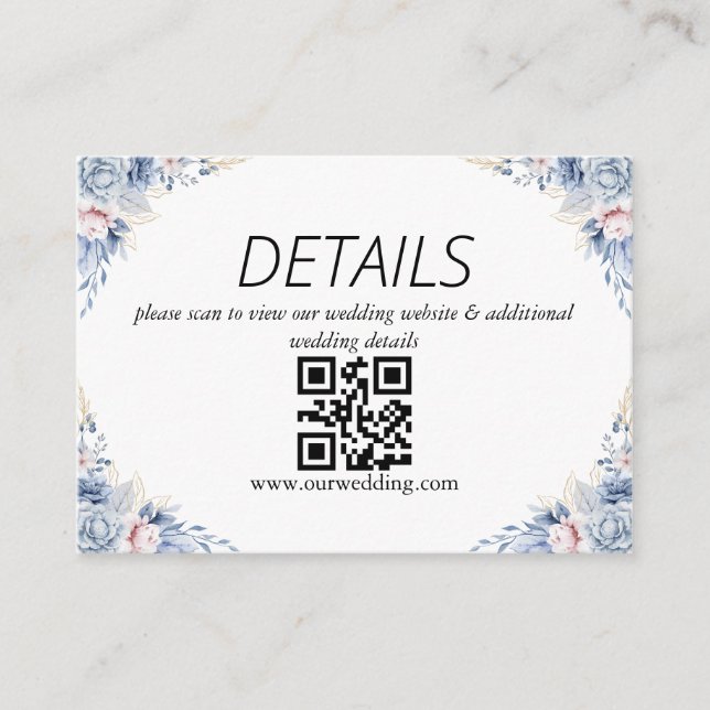 Carte D'accompagnement Code QR de mariage floral bleu poussiéreux (Devant)