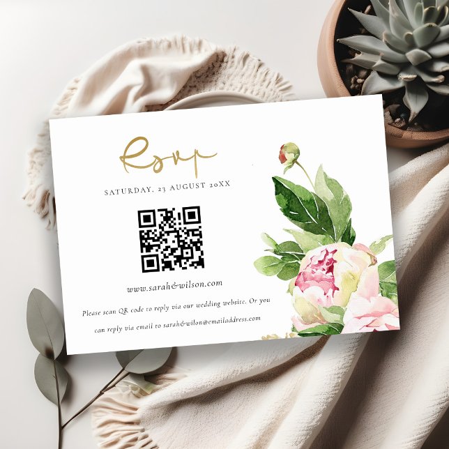 Carte D'accompagnement Code QR de mariage floral de pivoine rose blush (Créateur téléchargé)