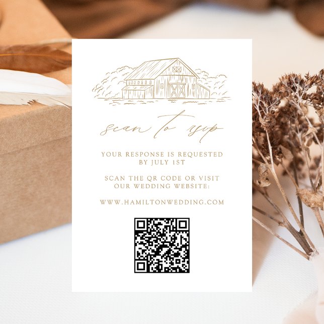 Carte D'accompagnement Code QR de mariage grange Or Rustique Site Web RSV (Créateur téléchargé)