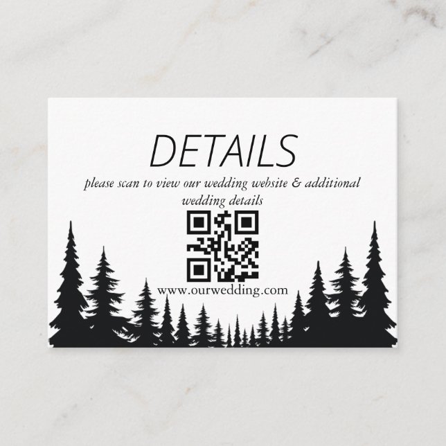 Carte D'accompagnement Code QR de mariage hivernal avec pins noirs et bla (Devant)